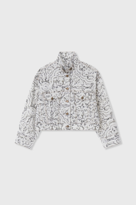 bondid jacket, printed jacket, mosaic print, floral print, denim jacket, printed denim jacket, cropped jacket, monotone, buckle detail, cotton twill